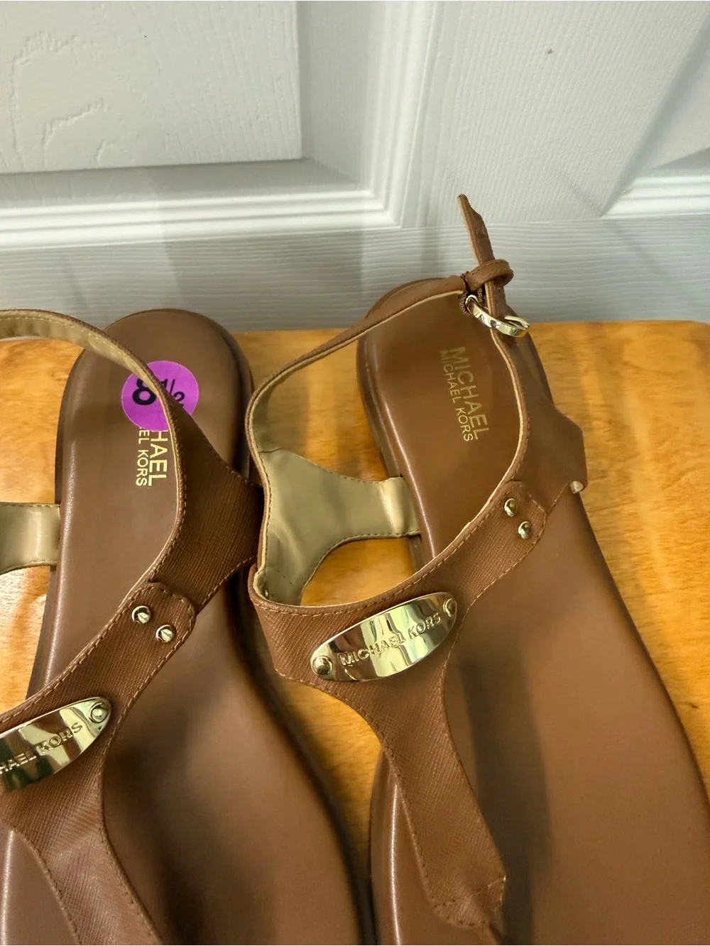 Michael Kors Brown Leather T-Strap Sandals with Gold Accents